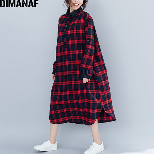 Dimanaf naisten mekot pitkähihaiset puuvilla vintage naisten vaatteet isot koot vestidos löysä printti ruudullinen naisten mekko syksy: Tao 8104cn- punaista / Xxl