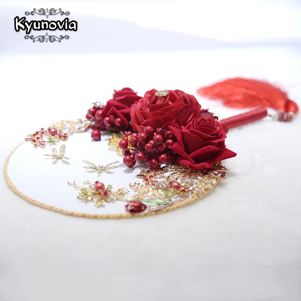 Kyunovia Unique Fan Type Wdding Flower Broach Jeweled Crystal Bridal Bouquet Red Silk Rose Wedding Boquets D26