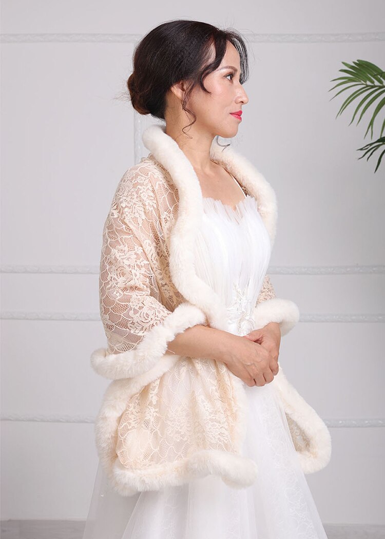 Women bolero Trendy Soft Rice white Shawls Lace Cloak Faux Fur Short plush outwear shrugs for ladies Wedding Bridal cape dress