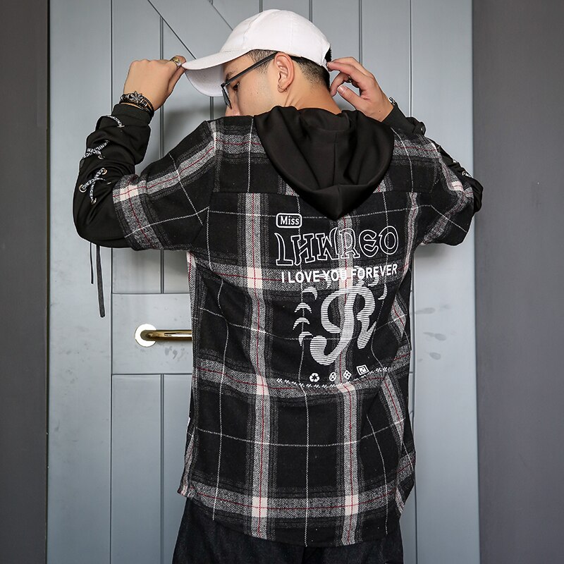 Hip Hop Couple, Hoodie,loose plaid shirt,Long Sleeve Shirts Men Casual Streetwear Coats Male Hipster Shirts Tops
