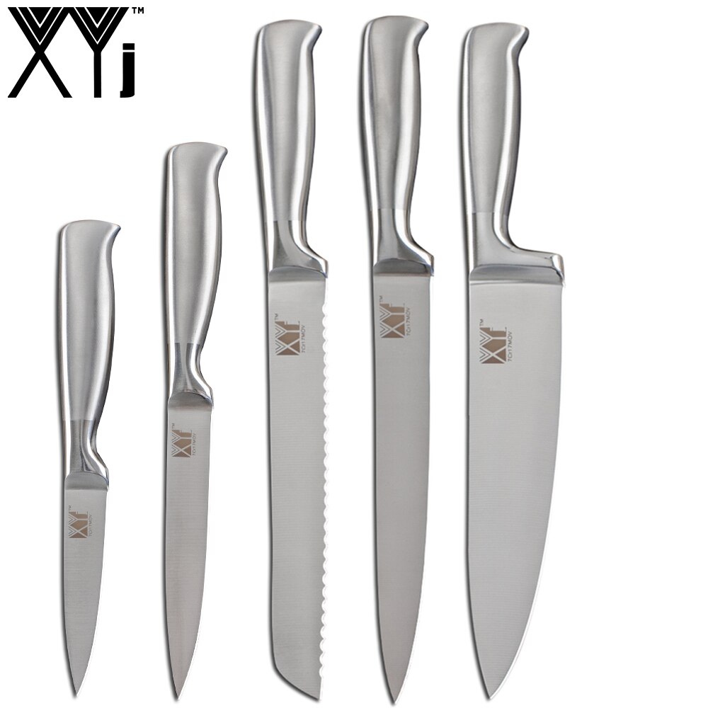 XYj-Juego de cuchillos de cocina de acero inoxidable, rebanador de pan de Chef, Santoku, Utilidad de pelar, soporte de cuchillo de acero inoxidable: 5PCS SET