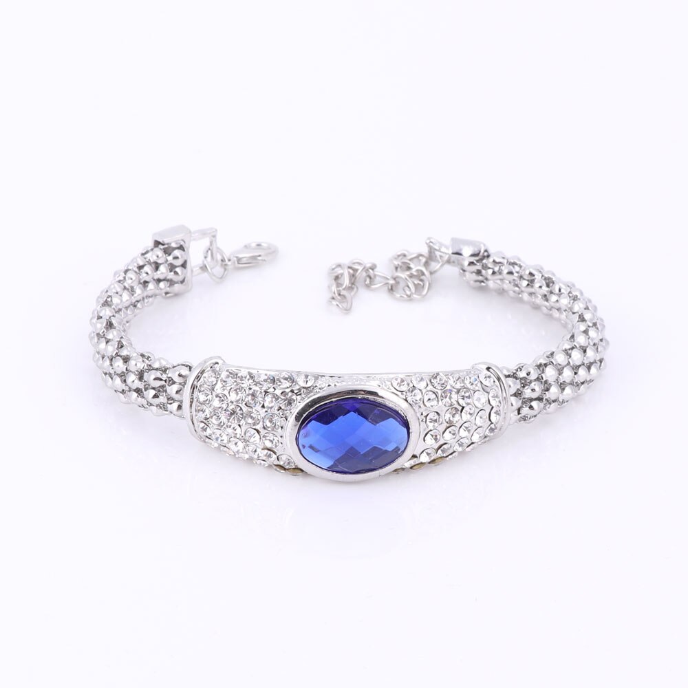 Modische Schmuck-setzt Für Frauen Blau Oval Anhänger Kristall Halskette Ohrringe Armbinde Ring Silber Überzogene Hochzeit Schmuck setzt