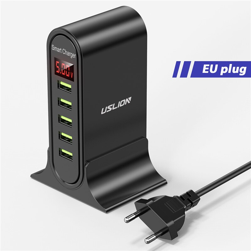 USLION 5 Port USB Ladegerät HUB Multi USB Ladestation Dock Desktop Wand Hause Led-anzeige Universal Neue Ladegeräte EU UNS UK Stecker: EU Black