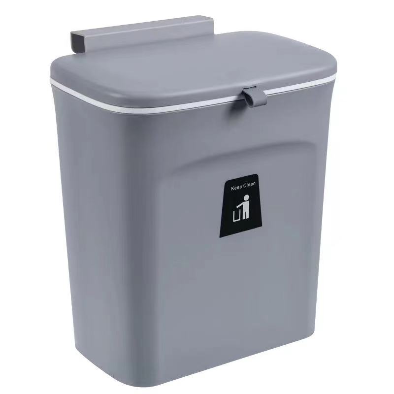 Wandmontage Prullenbak Bin 7L / 9L Met Deksel Afvalbak Keukenkast Deur Opknoping Prullenbak Garbage Auto recycle Vuilnisbak Vuilnis: Gray with cover 9L