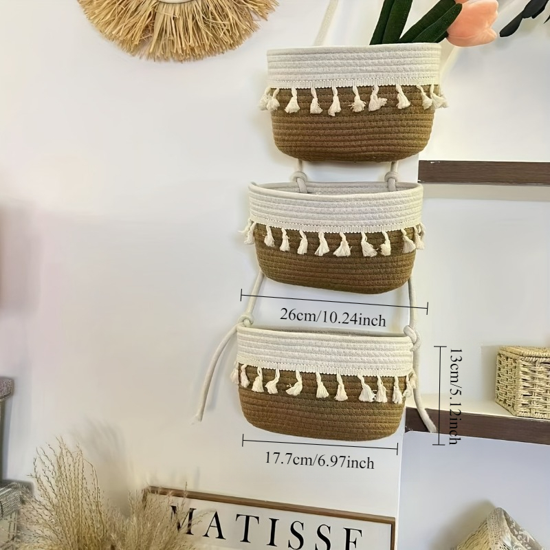 1pcs Handwoven 3-Tier Double Tassel Hanging Basket Wall-Mounted Storage Organizer Woven Basket for Bathroom Kitchen Bedroom