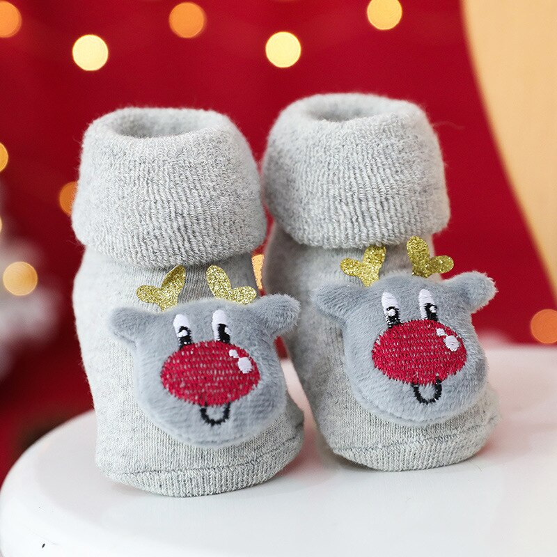 Bomulds baby sokker jul gummi skridsikker gulv sokker tegneserie spædbarn baby dyr sokker vinter efterår tykkere varme sko: Grå / M (i 1-3 år)
