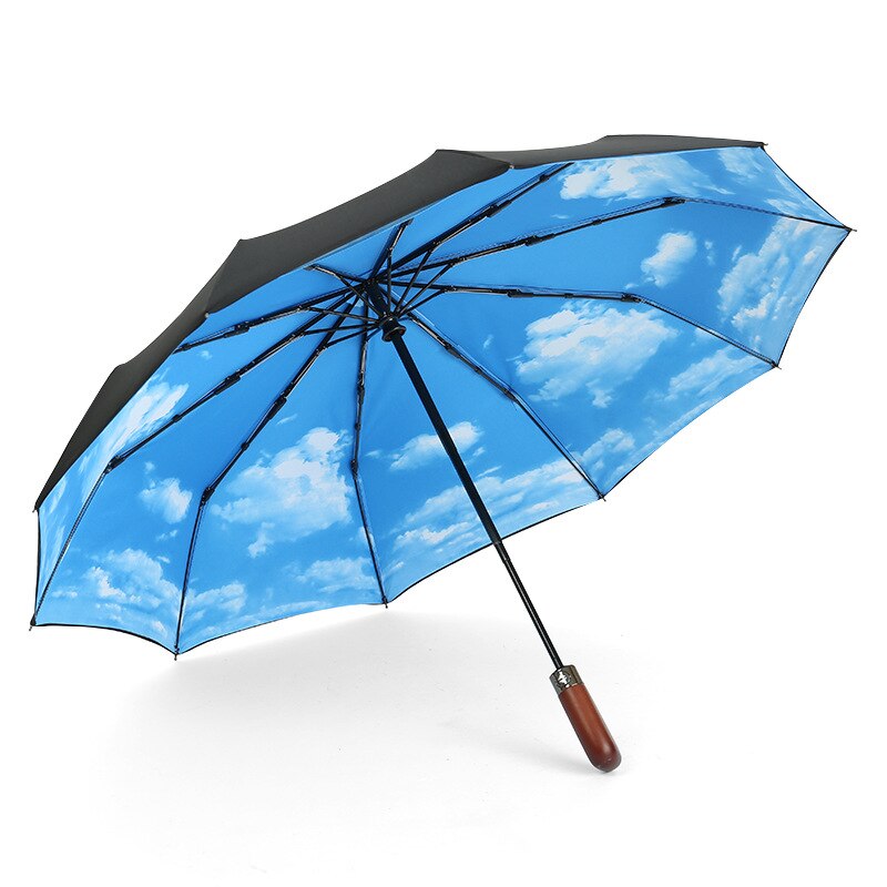 Ombrello pieghevole doppio automatico manico in legno femmina maschio ombrelli da uomo di grandi dimensioni ombrello da pioggia per donna