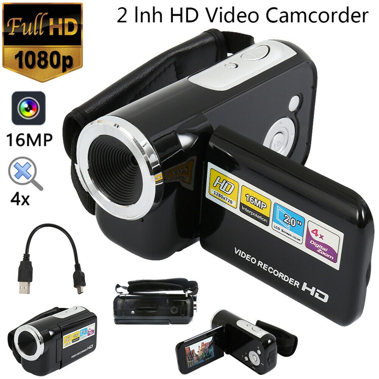 2.0 "Draagbare Digitale Video Camera 16MP 4X Zoom Camcorder Mini Video Camera Dv Dvr-Zwart