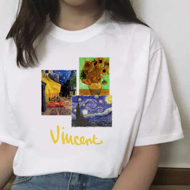 Zonnebloem Bedrukte T-Shirt Van Gogh Art T-Shirts Mode Vrouwen Tops Tee Harajuku T-Shirts Dames T-Shirt Kleding Camiseta Feminina: 4XL / Sky Blue