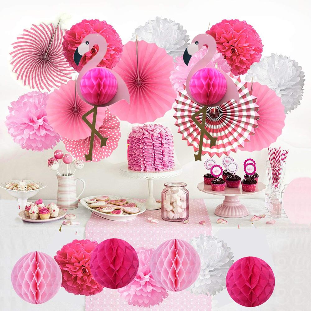21 stk / sæt lyserødt tissuepapir pom poms blomstervifte og flamingo bikagekugler til baby shower bryllupsfestival dekorationer