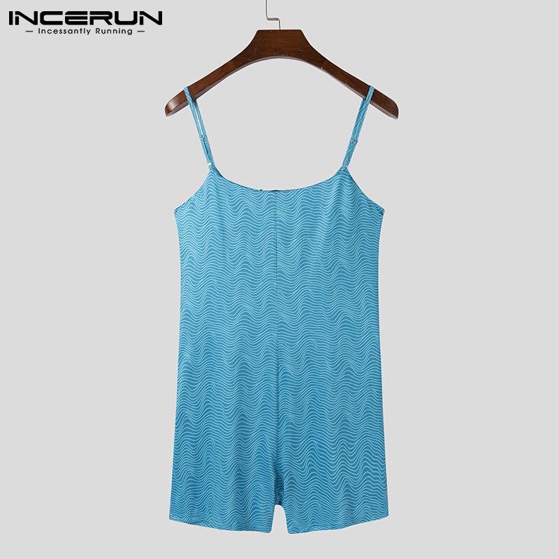 INCERUN Men Pajamas Rompers Printed Skinny Sleeveless Straps Playsuits Homewear Men 2022 Sexy Casual Jumpsuits Sleepwear S-5XL