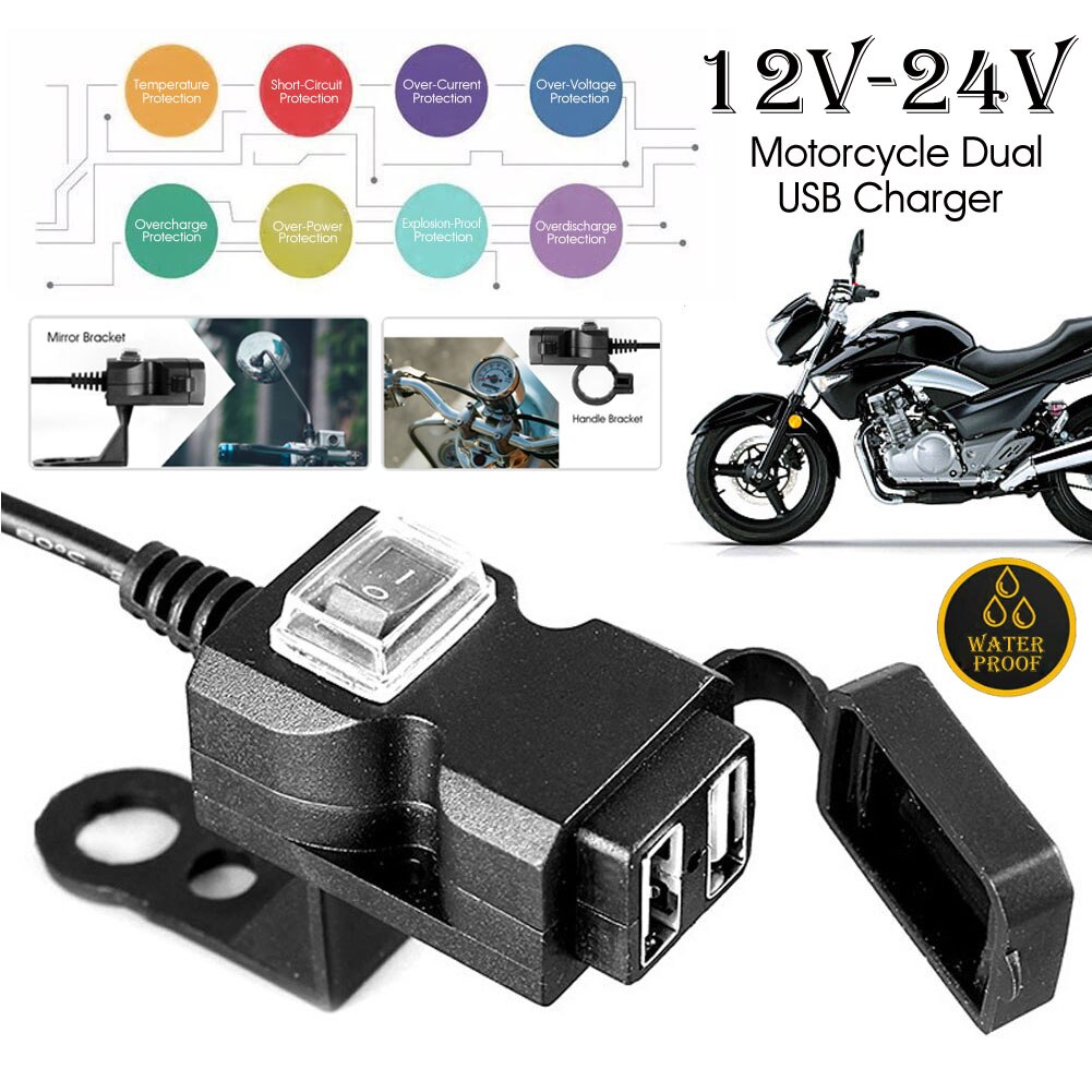 12V-24V Dual Usb-poort Waterdicht Motorfiets Stuur Charger Adapter Voeding Socket Voor Telefoon Mobiele