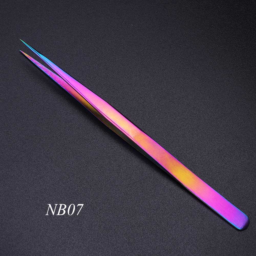 Rvs Wimper Pincet Regenboog Anti-Statische Gebogen Rechte Wimper Extension Rhinestone Picking Make-Up Tool JINB01-07: NB07