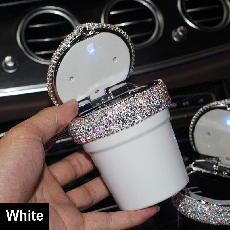 Strass Draagbare Auto Asbak met Led Licht Kristal Diamant Auto Ash Tray Asbak Opslag Bekerhouder voor Meisjes Auto Accessoires: White