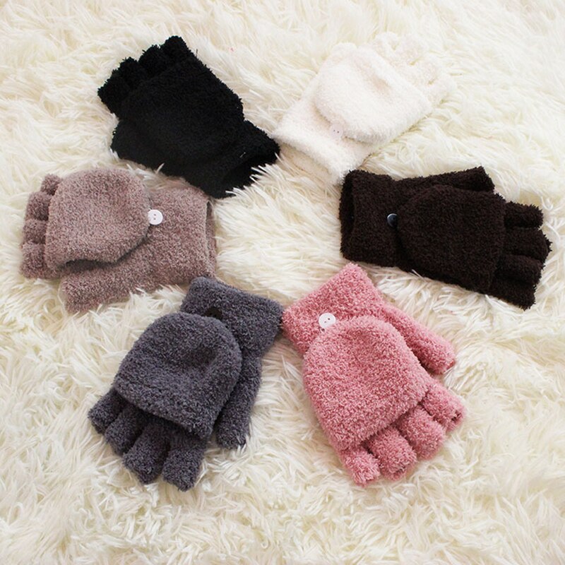 Een Paar Vrouwen Meisjes Herfst Zachte Fleece Handschoenen Voor Dames Winter Warm Flip Cap Wanten Half Vinger Handschoenen Pols Glovers