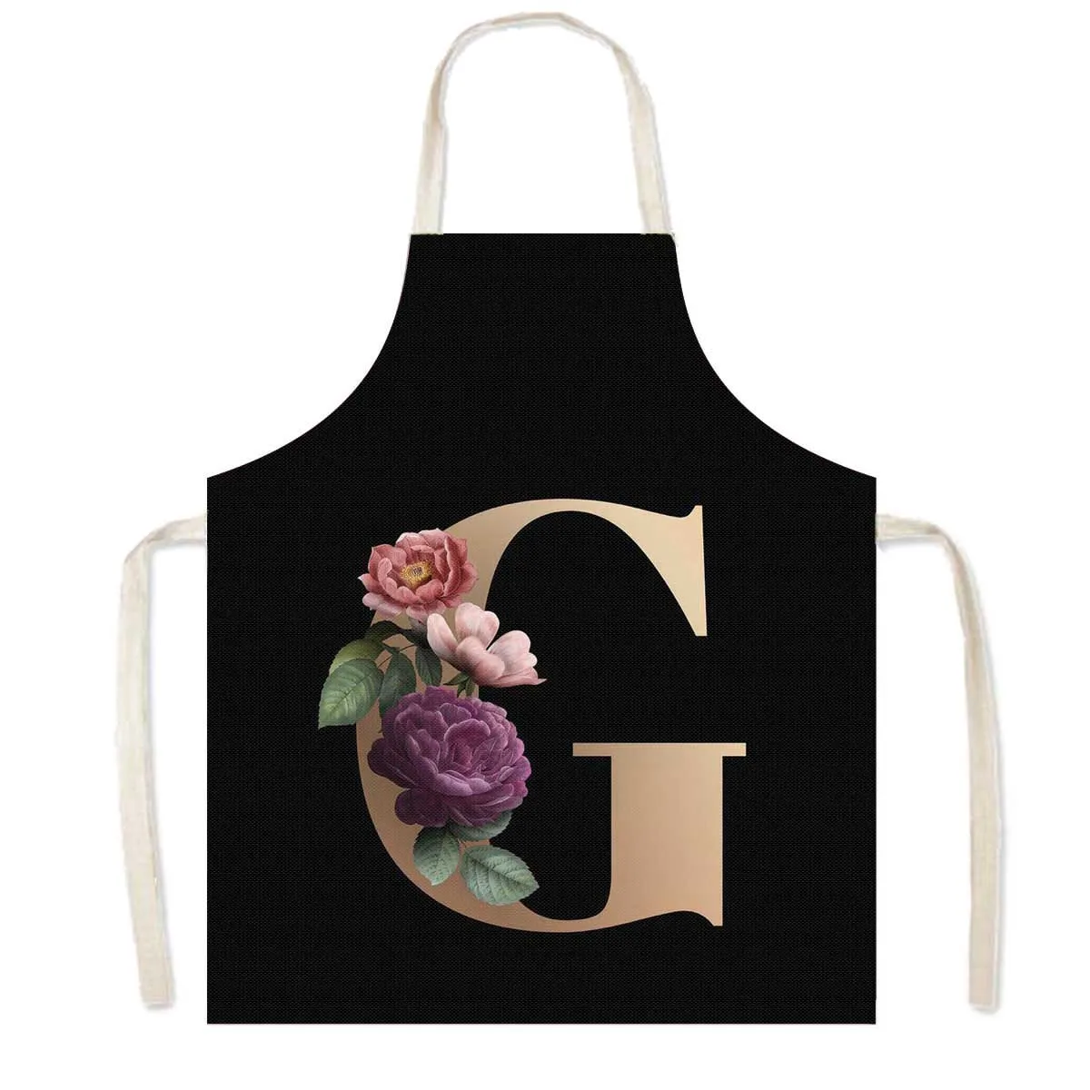 Delantal de cocina con estampado de flores y 26 iniciales, delantales de cocina con letras de A-Z para mujer, Chef de barbacoa, camarero, herramienta de limpieza para hornear en casa, delantal