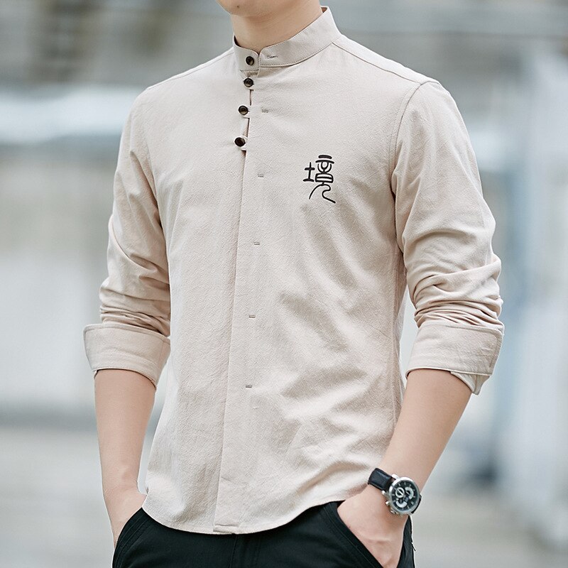 Retro Chinese Man Shirt Casual 100% Katoen Traditionele Tops Mannelijke Mandarijn Kraag Effen Kung Fu Kleding Tuniek Tang Pak: Beige / M