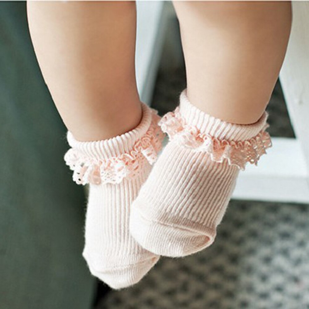 Solid Color Baby Short Socks Cotton Vertical Strip Princess Style Lovely Infant Children Non-slip Lace Socks: M	pink