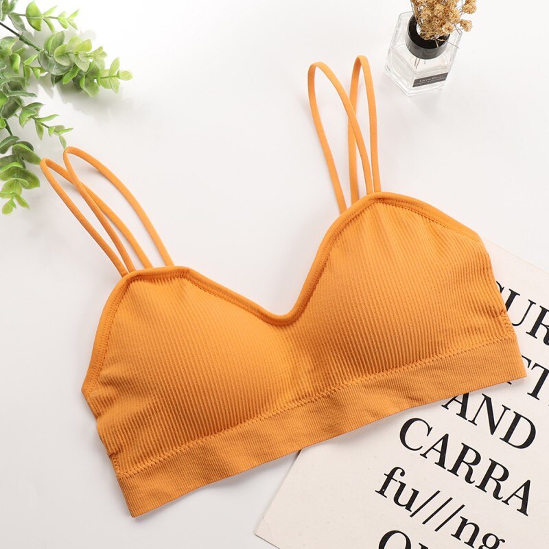 Seamless Bra Women Beauty Back Solid Color Striped Wire Free Cotton Padded Stretchy Comfortable Bralette: Yellow