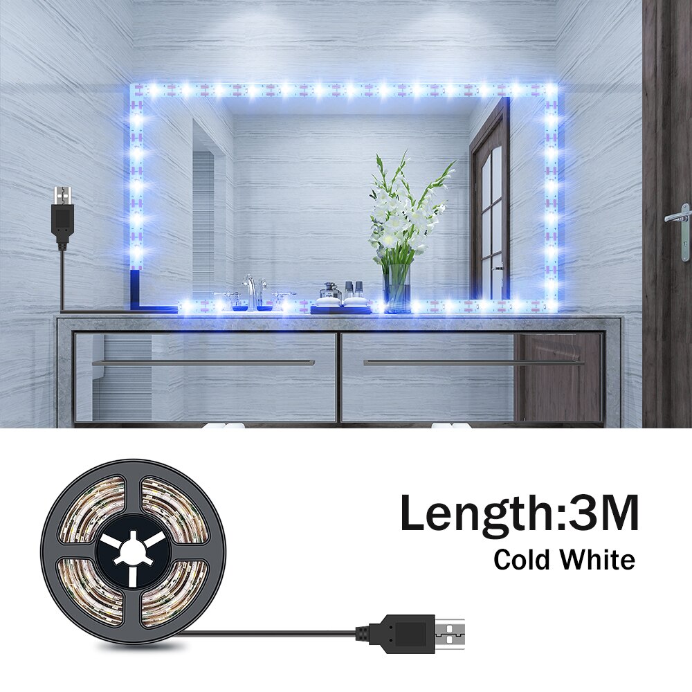 Luz LED para espejo de tocador de maquillaje, lámpara de belleza alimentada por USB para iluminación de decoración del hogar, 1M, 2M, 3M, 4M, 5M, 5V: 3M  Cold White