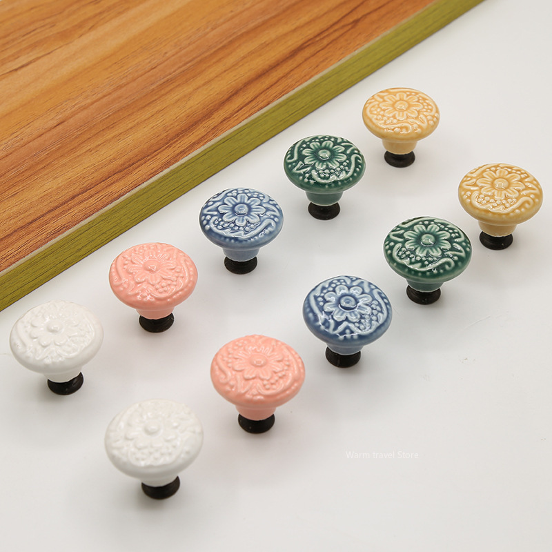 Single Hole Round Ceramic Knob Handle Flower Surface Cabinet Kitchen Door Drawer Handles Dresser Knobs Pulls Furniture Hardware