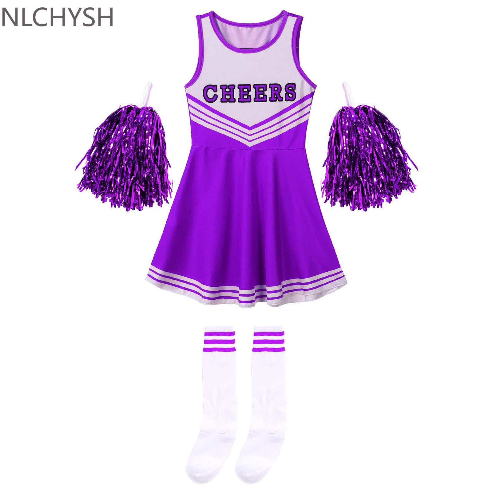 Mädchen Cheerleading Uniform tanzen Kostüm freundlicher Cheerleader Outfit Runde Ausschnitt Patchwork Stil tanzen Kleid Blume und Socken