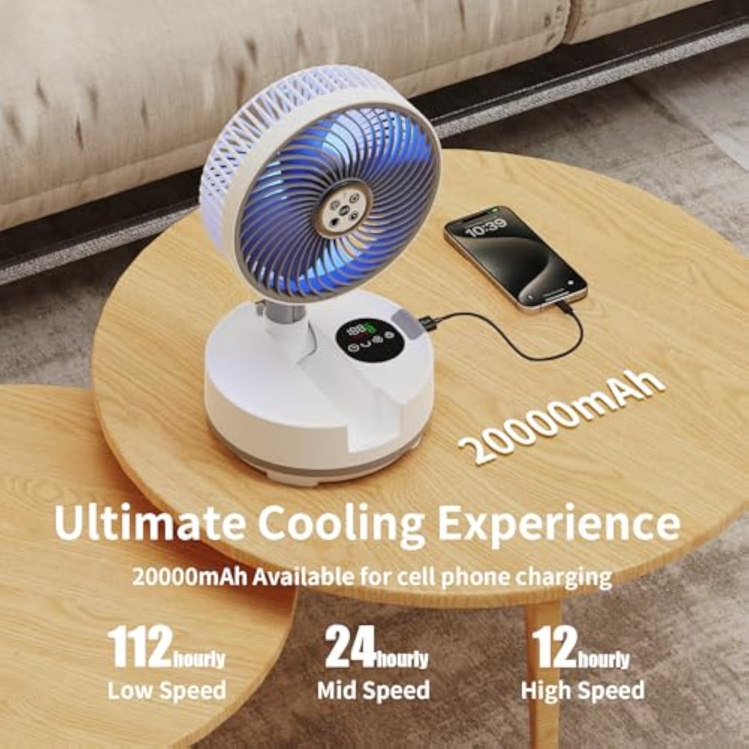 Draagbare staande oscillerende ventilator met afstandsbediening 20000 mAh witte oplaadbare batterij hoge vloer opvouwbare reisventilator voor slaapkamer