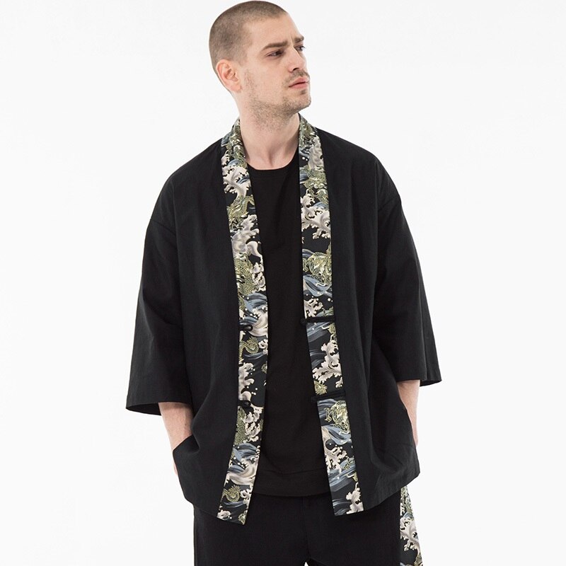 Japanese kimono cardigan men haori yukata male samurai costume clothing kimono jacket mens kimono shirt yukata haori KZ2020: M