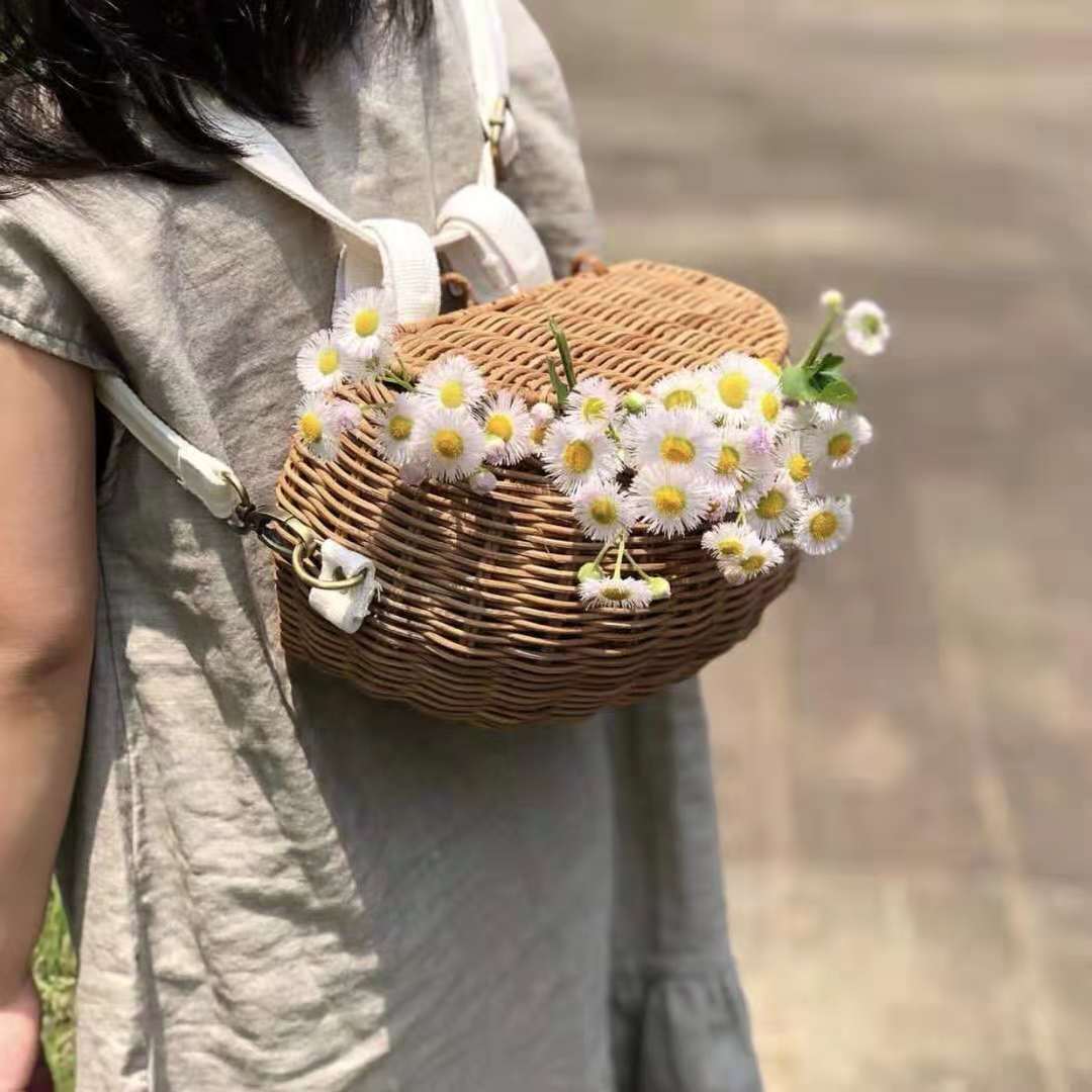 INS Rattan Bicycle Storage Basket Children Cute Picnic Basket Wicker Straw Storage BackPack Multi-use Girls Kids Room Decor