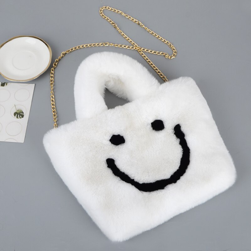 bolso de viaje de de invierno, bolso de mujer sonriente de felpa de invierno, bolso de cadena grande, bolso de mensajero, bolso de cuero suave cálido: white