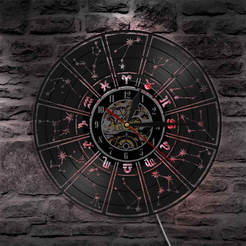 Zodiac Sign Wall Clock Astrology Stars Vinyl Record Wall Clock with Illuminated LED Light Living room Home Decor Zodiac