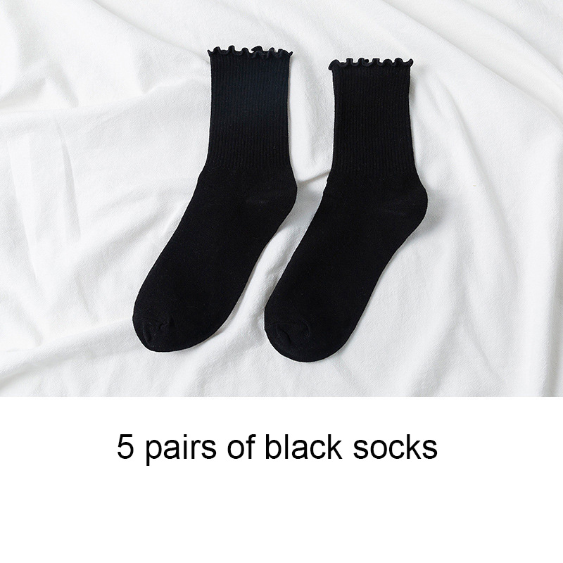 5 Pairs Women Cotton Ruffle Frilly Socks Black White Cute Autumn Winter Socks Solid color Soft Happy Girl Socks: A black