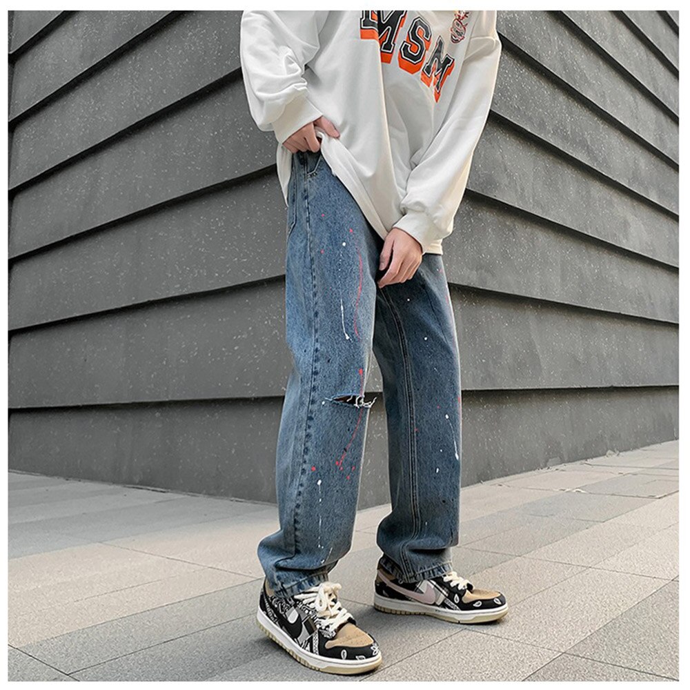 Ripped Jeans Hole Japanese Style Hip Hop High Street Straight Pants Casual Loose Long Trouser Men Chic Clothing