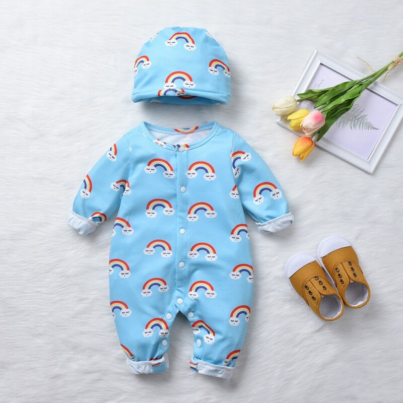 Baby Rompers 2pc Set - Long Sleeve Cartoon Jumpsuit - Unisex Cotton Toddler Clothes