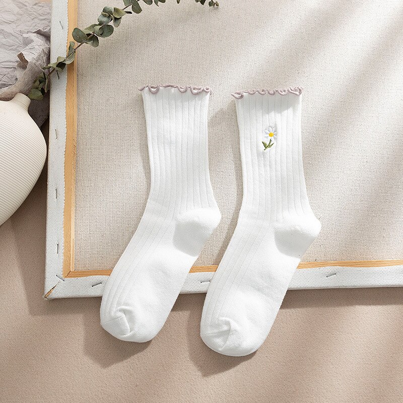 CHAOZHU Summer Spring Thin Loose Socks Daisy 8 Colors Long Women Sox Sweet Cute Cotton Knitting Rib Korea Japanese: white