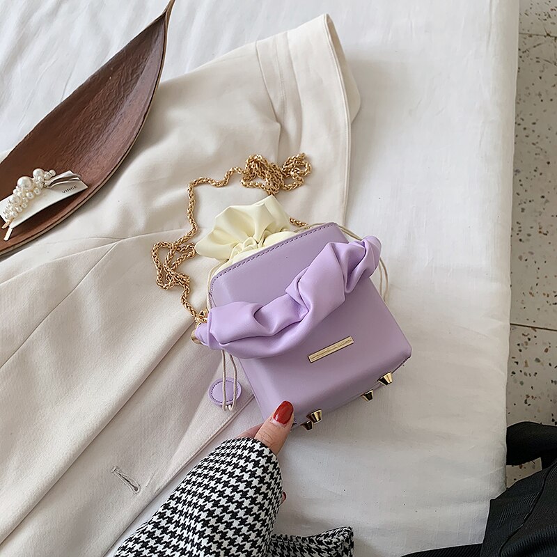 Sac fourre-tout plissé seau été en cuir PU femmes sac à main chaîne épaule sac de messager sacs à main: Purple