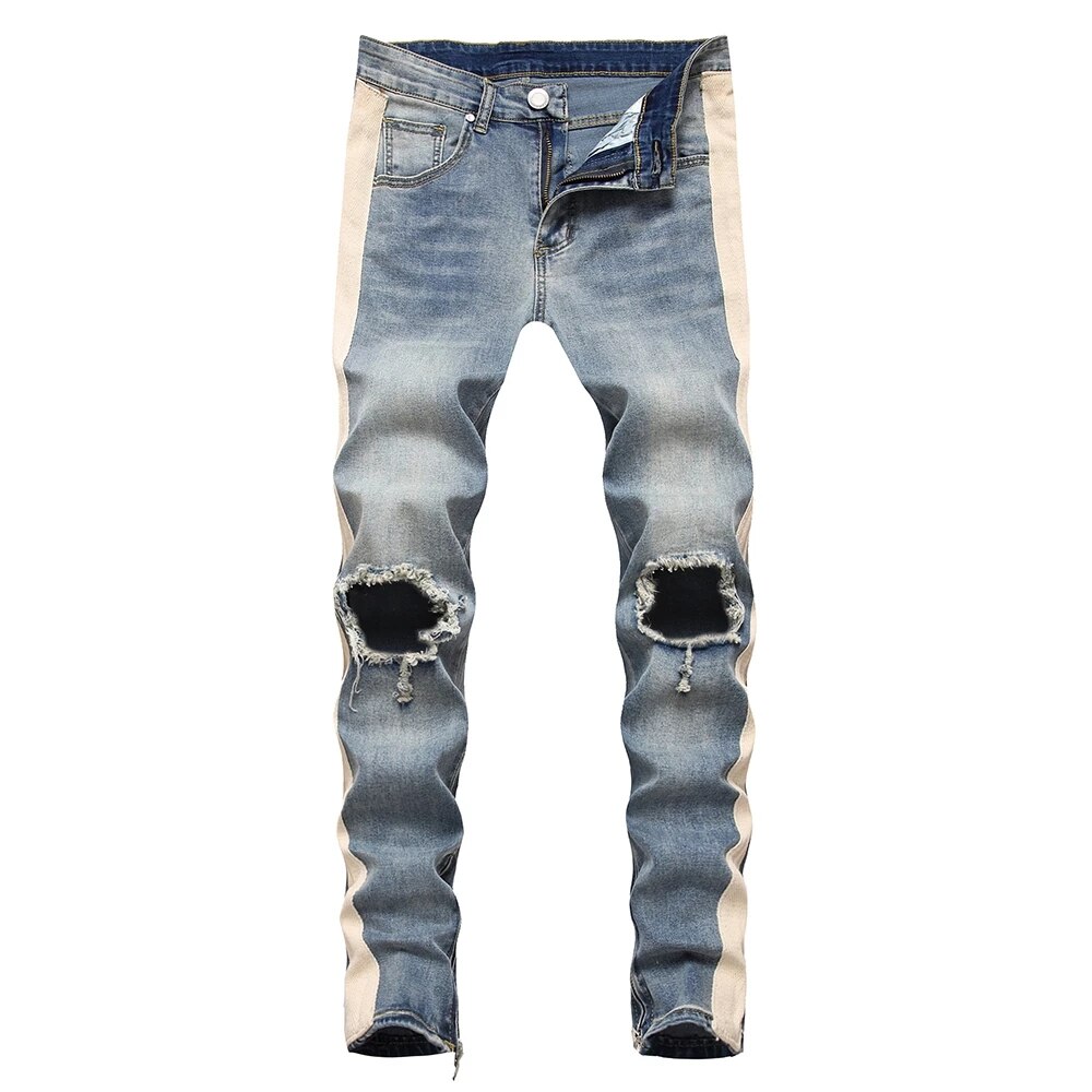 Men&#39;s Male Lines Stripe Big Holes Ripped Jeans Streetwear Zipper Slim Skinny Stretch Denim Pencil Pants Trousers Blue Black: Blue / 34(XL)