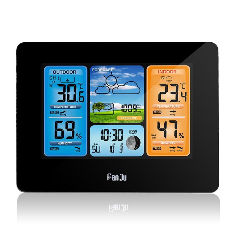 Digitaal kleurenweerstation met waarschuwing en temperatuur/vochtigheid/barometer/alarm/maanfase/weerklok met sensor: Zwart