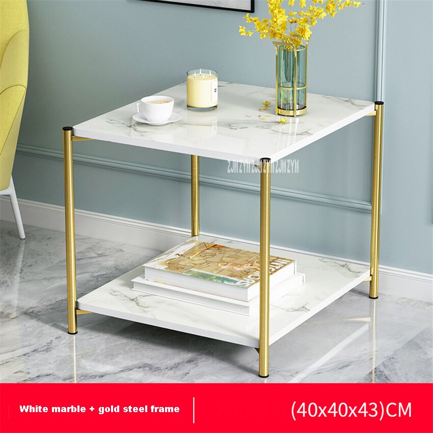 H88 pequeña mesa redonda de té de hierro, sofá Simple y moderno de doble capa, mesa de salón lateral, pequeña mesa de centro cuadrada de almacenamiento: square White marble