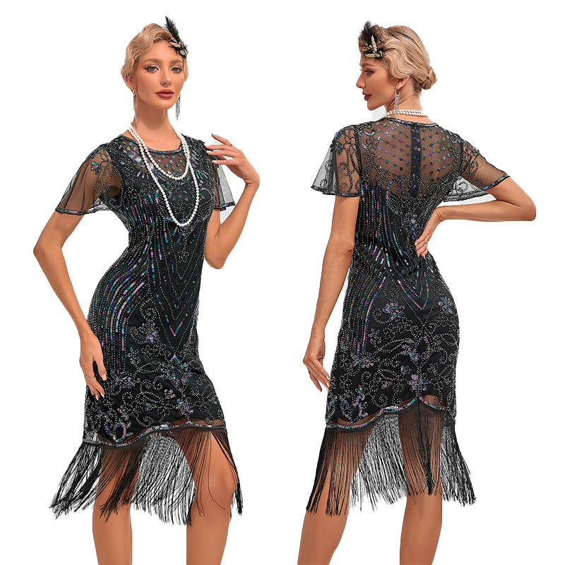 Vestido Flapper de los años 20, S-4XL de talla grande, Vintage para mujer, gran Gatsby, Color, borla de lentejuelas, vestido de de los años 20, disfraz de malla para mujer: L / Azul cielo