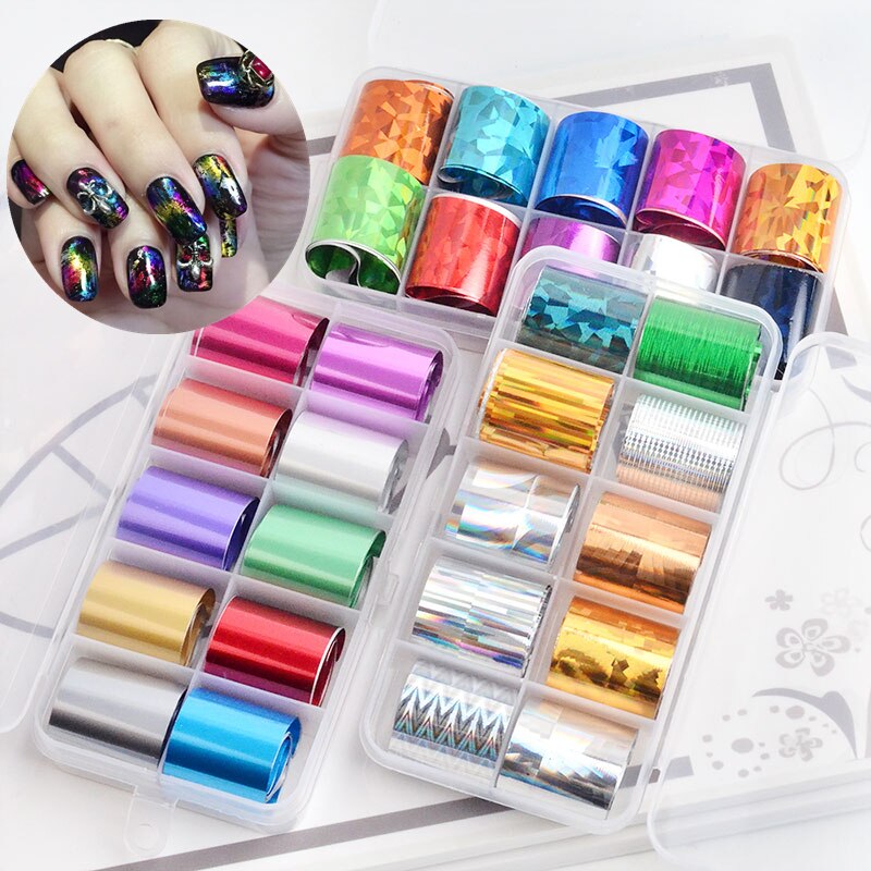 10 rollen/doos 2.5*100cm holografische transferfolie stickers nail art decoraties gemengde decal wraps uv gel manicure accessoire