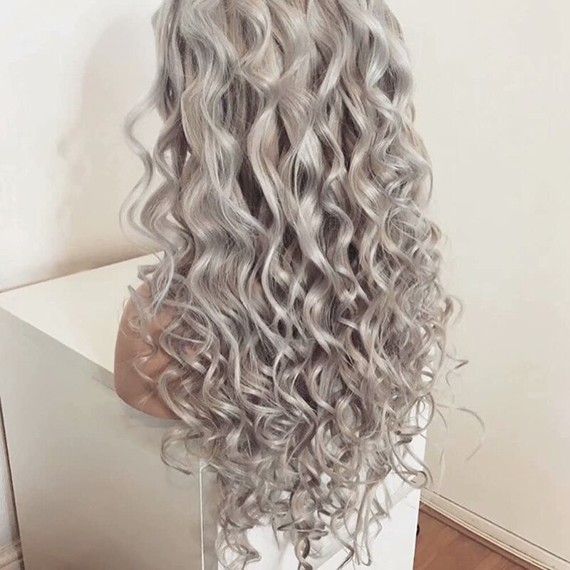 AIMEYA-peluca ondulada larga para mujeres negras, cabellera artificial con malla frontal, color gris degradado, resistente al calor, para disfraz de Cosplay