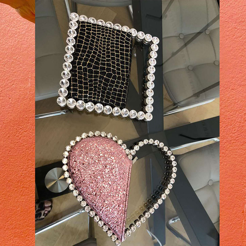 Diamond Red Heart Evening Clutch Bags Metal Handle Circle Purse Chic Rhinestone for Women Wedding Party Flaps