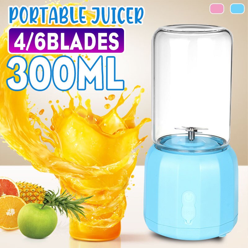 300ml 6 Blade Portable Blender USB Mixer Kitchen Electric Juicer Machine Smoothie Blender Food Processor Fruit Cup Juice Blender