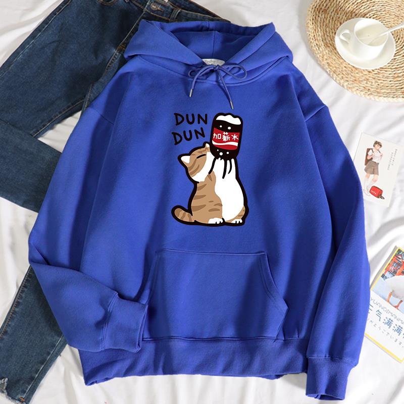 Dun Dun Gehalt Zunahme komisch Katze Drucken Hoodies Damen Herbst Übergröße Hoodie Einfache Vlies Sweatshirts Straße S-Xxl Hoody: S / Schwarz