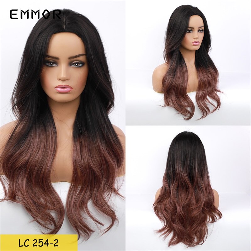 Pelucas largas de pelo sintético ondulado emmor, color castaño oscuro con reflejos rojizos y flequillo, con degradado de alta temperatura para uso diario.: Lc254-2
