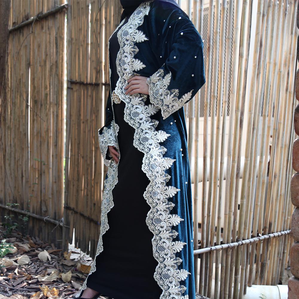 dernière Abaya dentelle en vrac couture perlé or velours Cardigan dubaï Robe islamique turquie moyen-orient