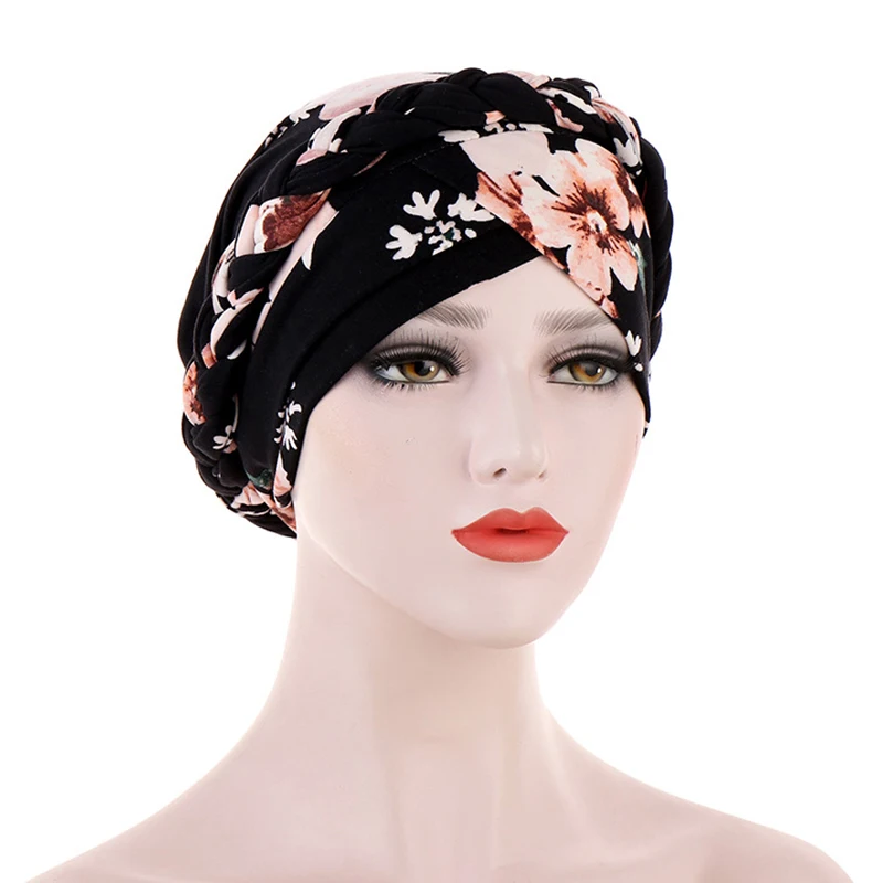 Flettede hijaber for kvinner korspann blomstertrykk muslimsk kvinne turban til fest islamsk hodeplagg elastisk hijab-lue: Mørk khaki