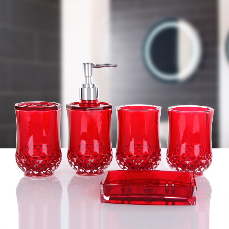 Badeværelse tilbehør sæt glas sæbe dispenser tandbørste holder gurgle kop sæbe fad bryllup badeværelse 5- dele produkter sæt: Rød