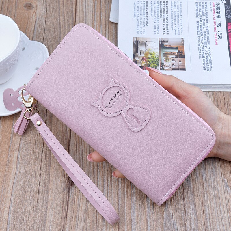 Girls long leather wallet women phone wallet laides cute card holder clutch bag zipper organizer wallet wwristlet female purse: light pink